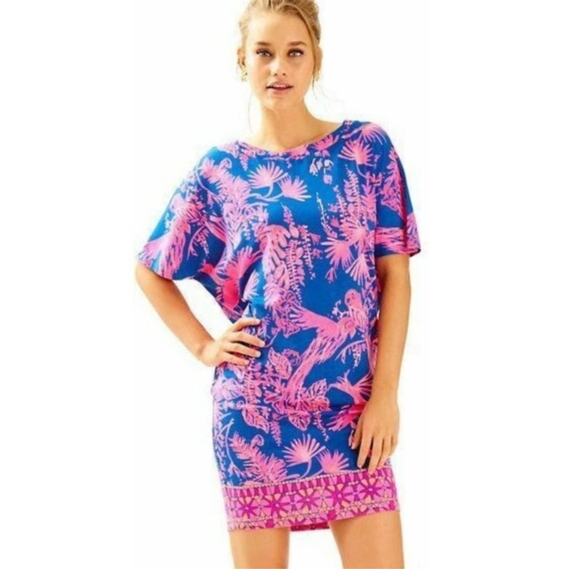 LILLY PULITZER Lowe Mini Dress Indigo Night Caw Pink Blue Tropical Floral Small - Picture 2 of 11